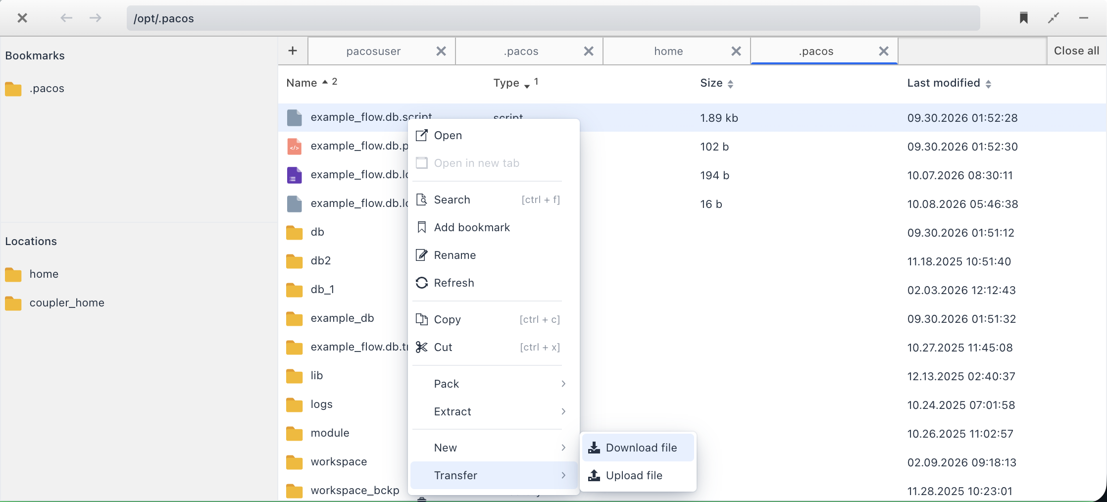 Explorer file manager showing application folders, files and file operations in PacOS